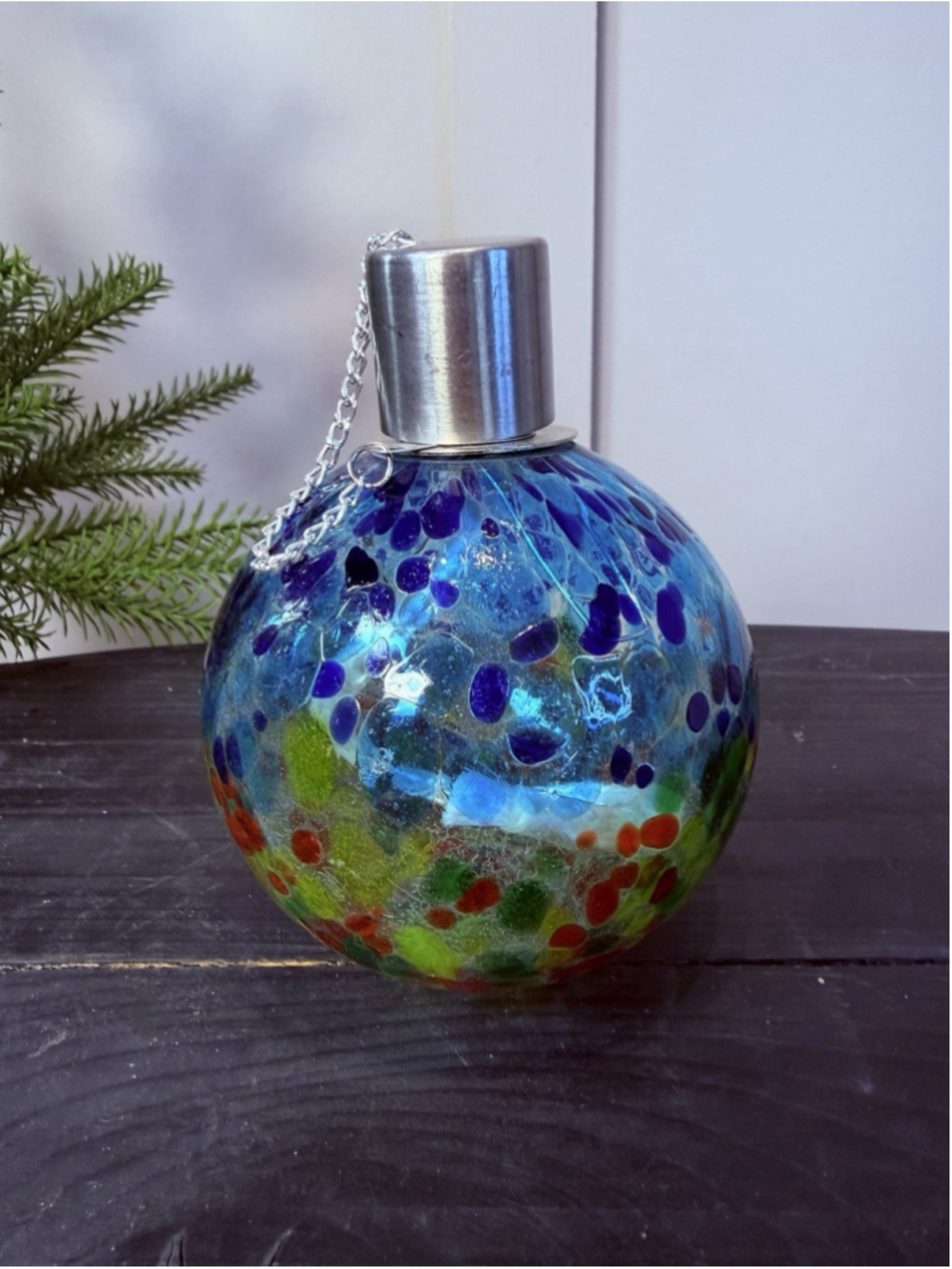 Studio Art Glass Colorful Textured Round Oil Lamp, wick & metal cover snuffer